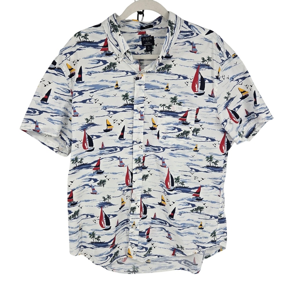 J Crew Shirt Mens XL White Flex Washed Slim Sailboat Nautical Short Sleeve Print